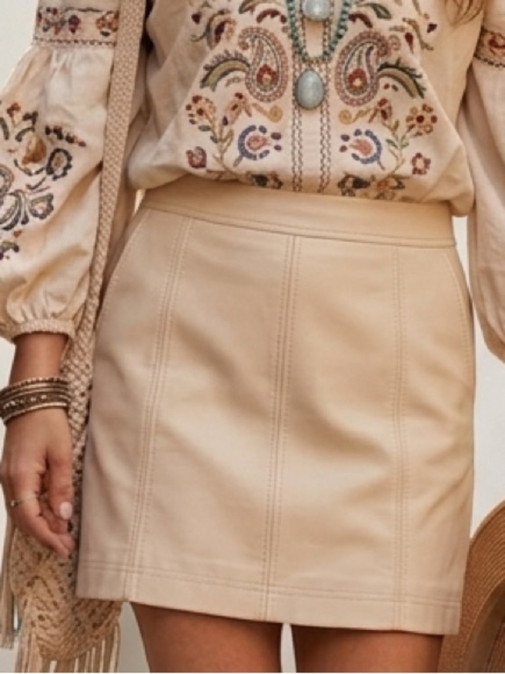Free People Cream Vegan Leather Mini Skirt 4 Like New Boho